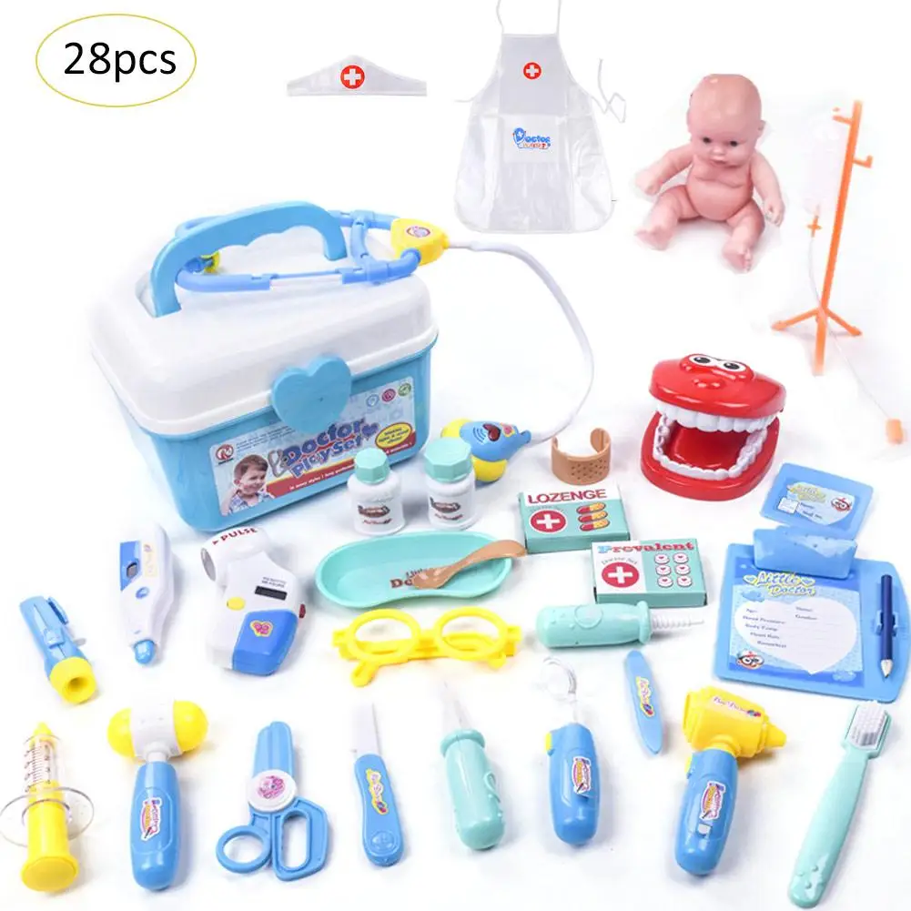 28pcs Children Play House Puzzle Simulation Medicine Box Doctor Toy Set Girl Medical Tool Role Play Doll Doctor Clothes