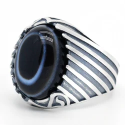 Natural stone ring men's 925 sterling silver eyes agate stone antique hold lucky ring women's men's Turkish jewelry