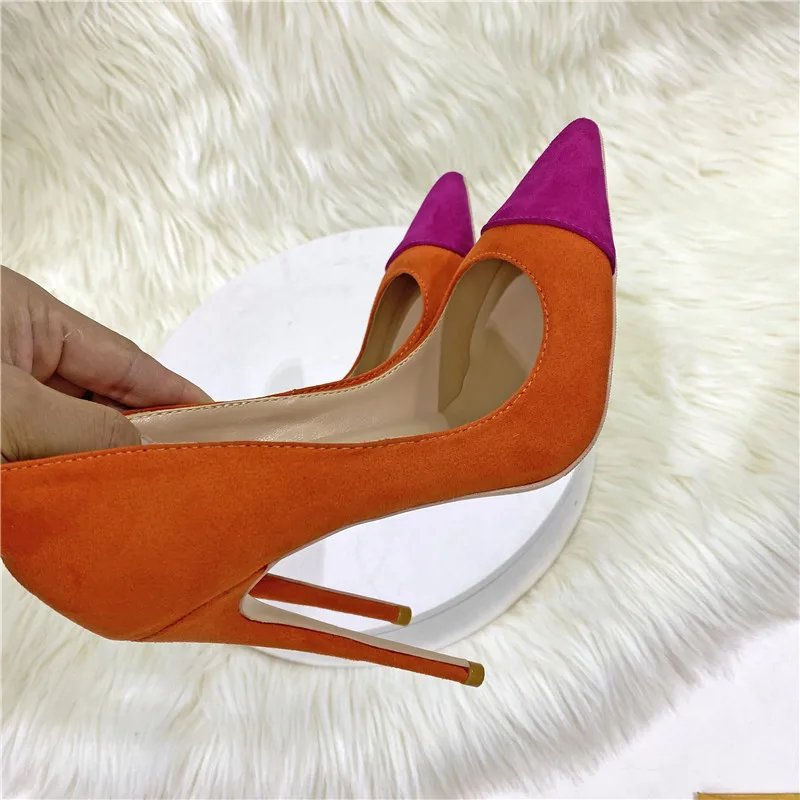 Heelgoo Orange Purple Patchwork Women Flock Pointy Toe High Heel Shoes Ladies Faux Suede Slip On Stiletto Pumps Plus Size 33-46