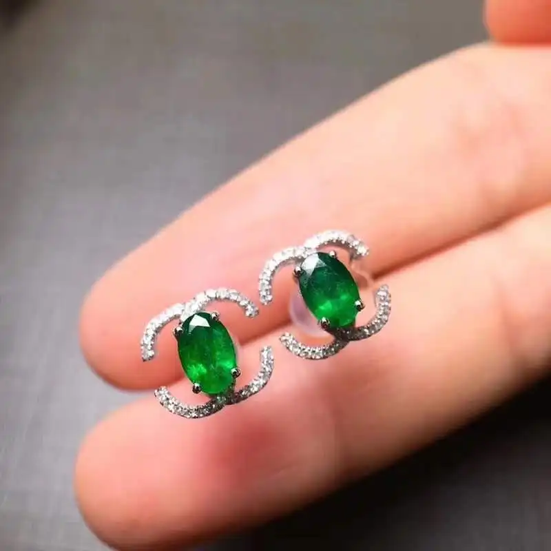 

Natural Emerald Silver Stud Earrings, 925 Sterling Silver Oval Gemstone Fine Elegant Jewelry for Women, New Arrival