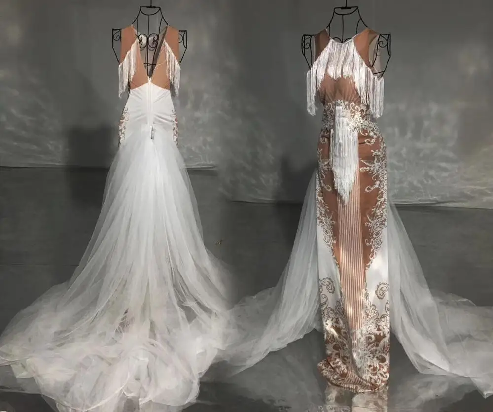 ヴィンテージプリントホワイトタッセルテールドレス女性パーティー結婚式プロムステージ衣装フリンジロングドレス歌手コンサートドレス