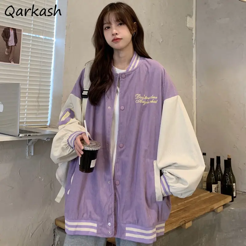 

Corduroy Basic Jackets Women Design Letter-embroidery High Street Harajuku Thicker Jacket Preppy Style Single Breasted Coat Teen