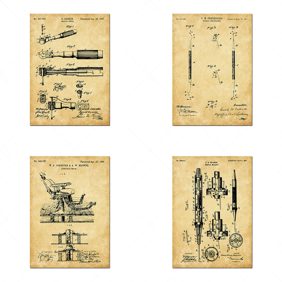 Impressions de brevets dentaires de dentiste, un ensemble de quatre affiches d'art mural, impressions d'art de chirurgie dentair