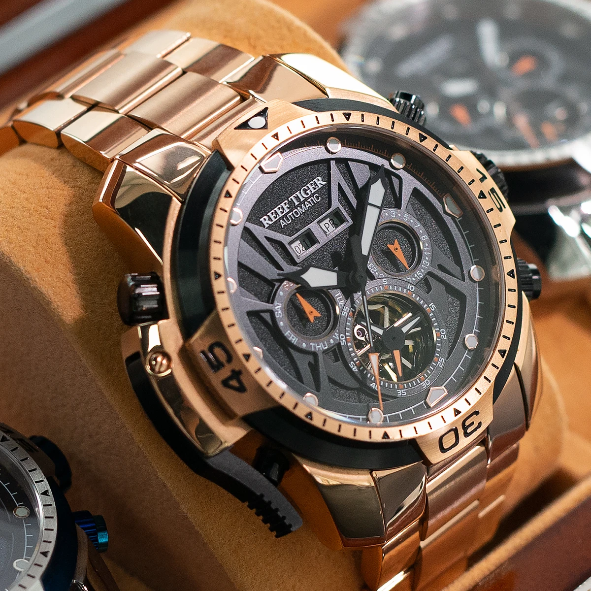 Reef Tiger-Montre existent de Luxe pour Homme, Montre-Bracelet Mécanique Étanche à Remontage existent, Bracelet en Acier Saphir Shoous