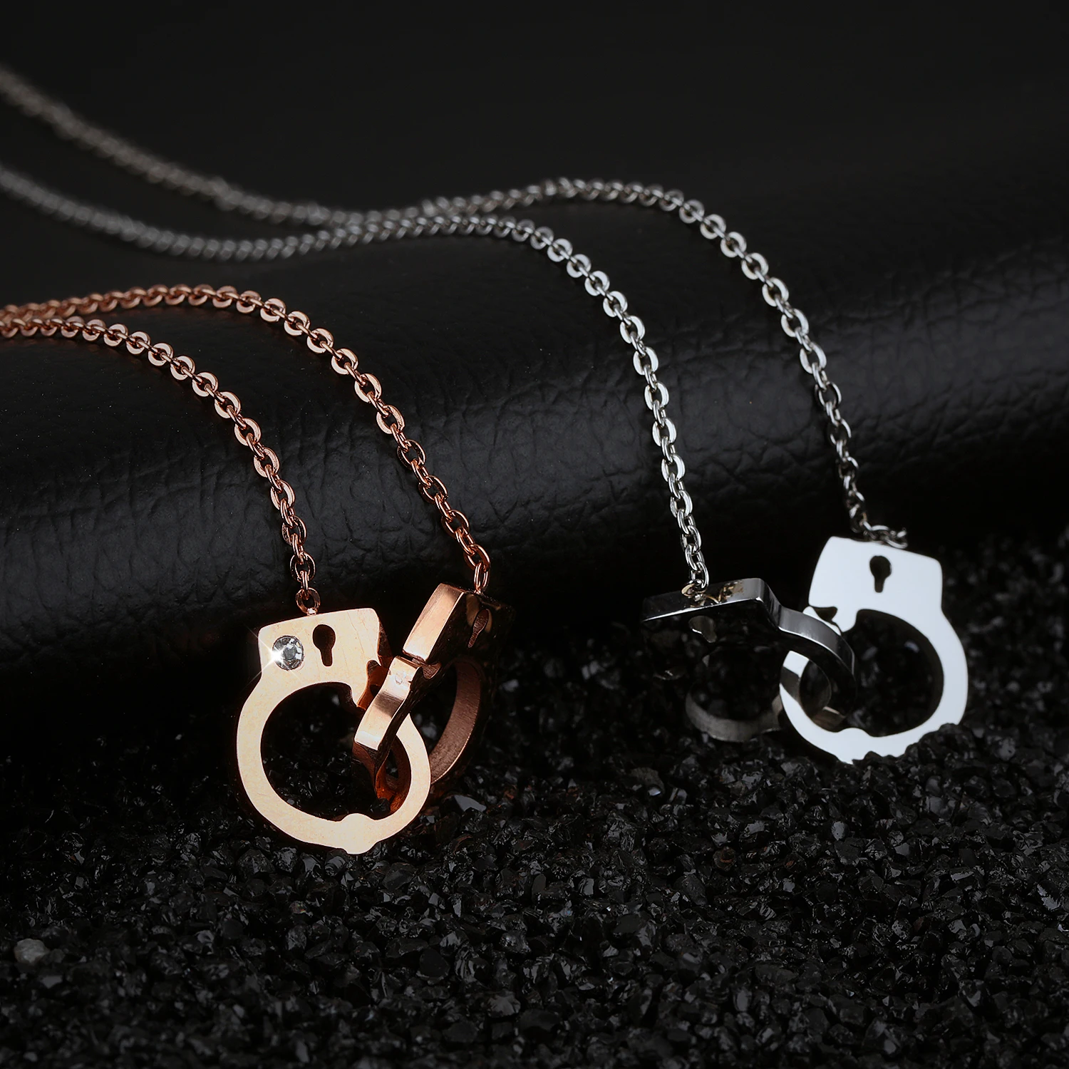 Stainless Steel Zirconia Handcuffs Pendant Necklace For Women Girl Fahion Jewelry