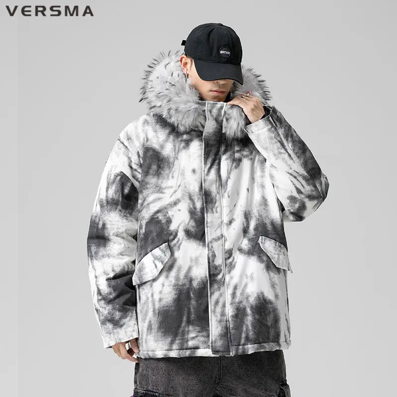

VERSMA Korean Retro Kpop Tie Dye Graffiti Print Parka Jacket Men Thick Cotton Padded Parkas For Women Big Size 5XL Dropshipping