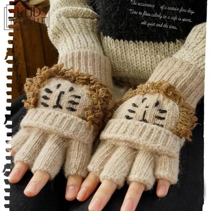 Mori Girl Lolita Kawaii Half Finger Cartoon Lovely Bear Lion Winter Wool Gloves Warm Thicken Fingerless Gloves Luvas De Inverno