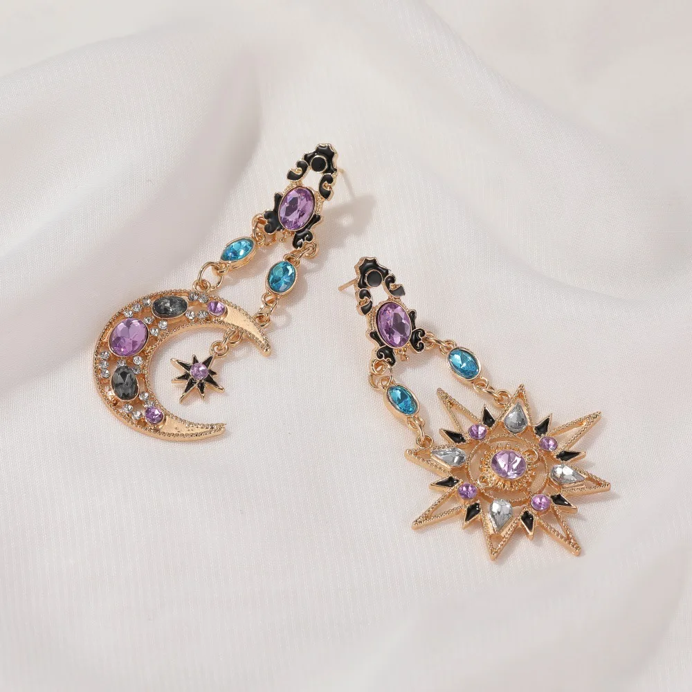 New Vintage Star Moon Asymmetric Long Dangle Earrings For Women Exaggerate Colorful Crystal Sun Earring Trend Party Jewelry Gift