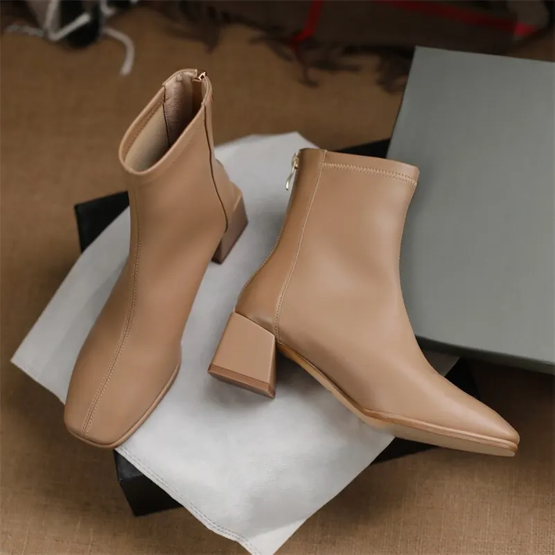 Meotina Ankle Boots Women Genuine Leather High Heel Shoes Thick Heel Short Boots Zip Square Toe Ladies Boots Autumn Winter Beige