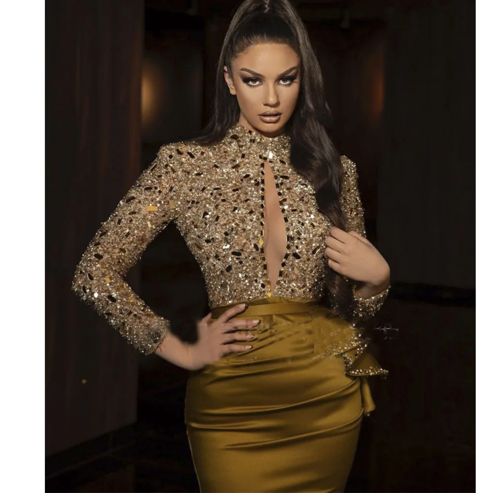 Elegant Gold Evening Dresses High Neck Beaded Sequined Long Sleeves Open Front Keyhole Mermaid Prom Gown Party/Cocktail Dress