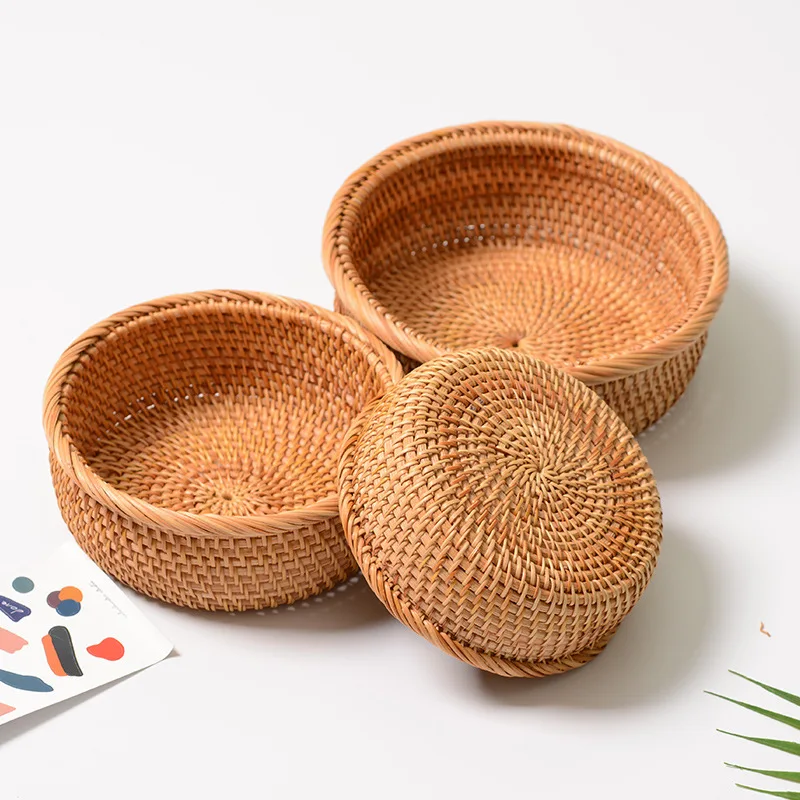 Little Round Rattan Basket Set, Handmade Woven Storage Baskets, Household Snacks, Fruit Storage, Makeup Organizer, 3Pcs