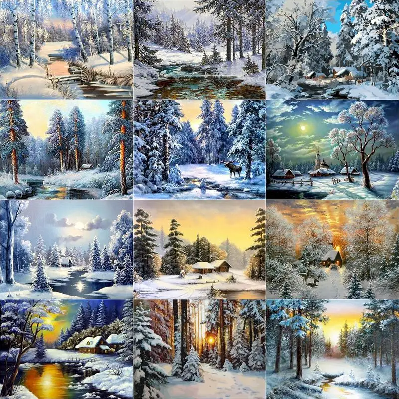 RUOPOTY colorare con i numeri immagini invernali pittura a olio con i numeri neve paesaggio decorazioni per la casa kit disegno tela dipinta a mano