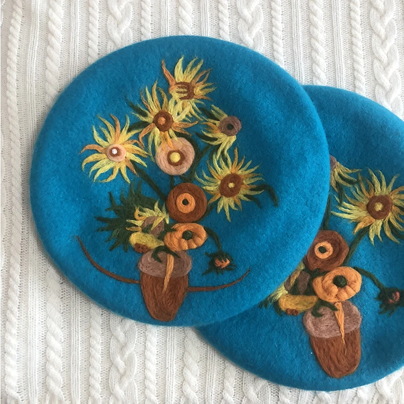 Faramita Holiday Van Gogh Famous Painting Sunflower Women Blue Hat Hand Made Girls Wool Berets Manual Art Caps Hat Painter Beret