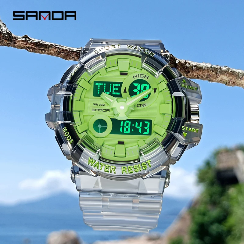 Sanda Sport Watch Men Waterproof Top Brand Digital Watches Transparent Band Dual Display Quartz Wristwatch Reloj De Hombre