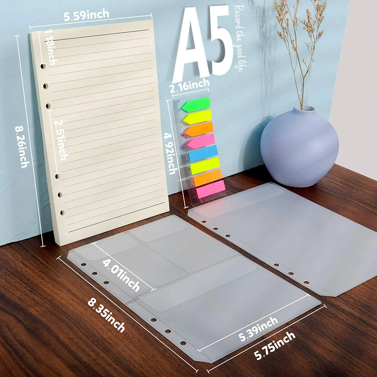 2 Pack A5 Refill Paper & 2 Pieces A5 Loose-Leaf Zipper Pockets,1 Pack Index Tabs with Ruler for 6-Ring Binder Journal Notebooks