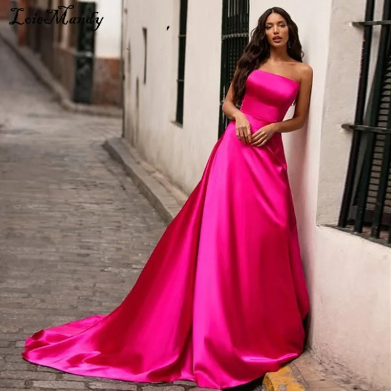 Vestidos largos sin tirantes para mujer, vestido Formal de satén fucsia con Espalda descubierta, Sexy, para fiesta nocturna, 2022