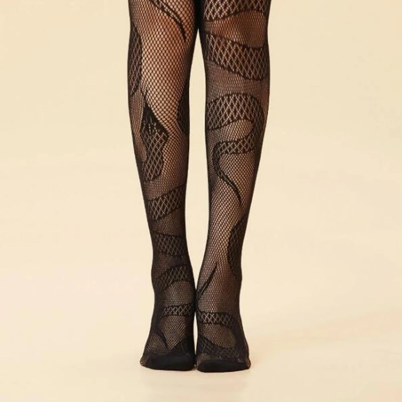 Women Punk Sexy Fishnet Pantyhose Harajuku Evil Black Snake Jacquard Patterned Tights Sheer Mesh Anime Lolita Stockings