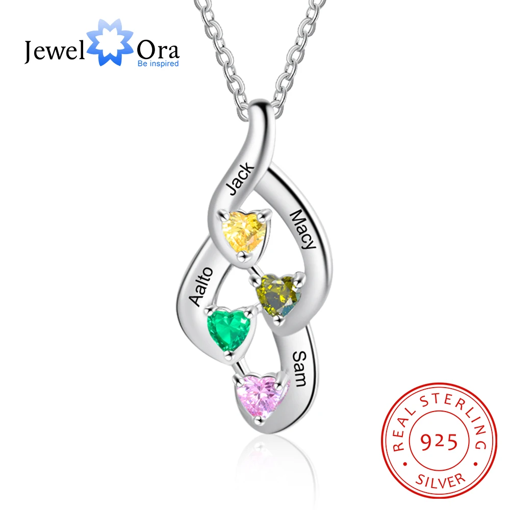 JewelOra 925 Sterling Silver Personalized Mother Necklace with 4 Custom Birthstones Engraving Name Heart Necklaces for Women