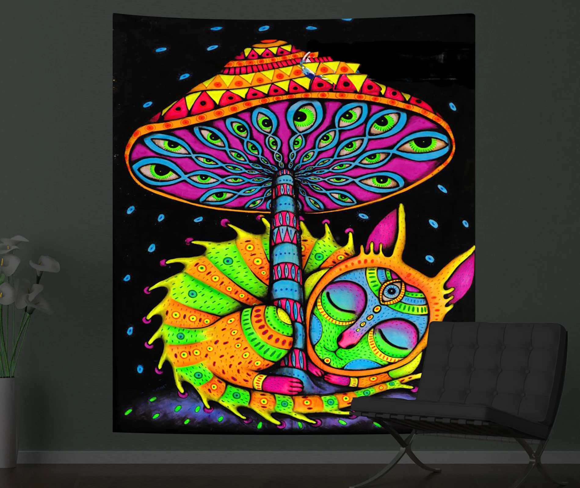 

Psychedelic Mushroom Fluorescent Tapestry Hanging Cloth Wall Decor Glow Under Ultraviolet Light Room Aesthetic for Girls Gift