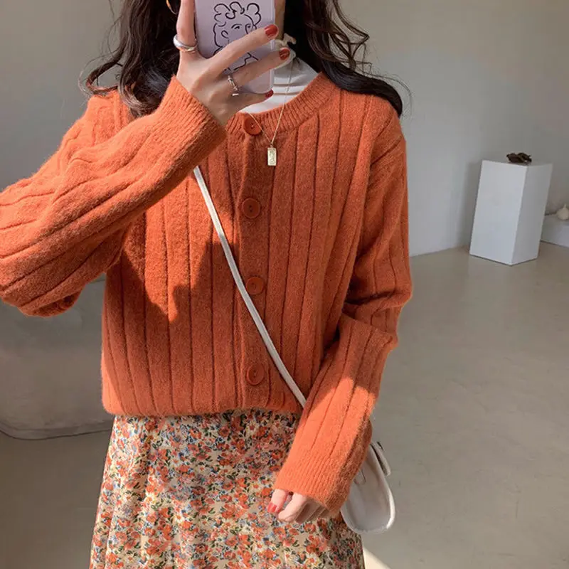 Sweaters Women Vintage Orange Chic Preppy Single Breasted Loose Ulzzang Woman Knitwear Fall Lovely Harajuku Elegant Girl Sweater