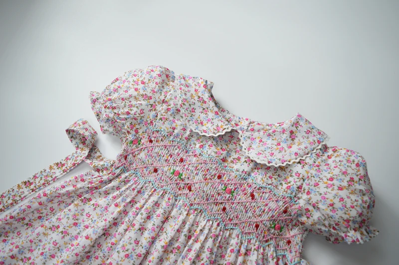 Summer handmade smocked floral dresses for girls 2021 kids vintage princess cotton dress age 1 2 3 4 5 6 little girl clothes