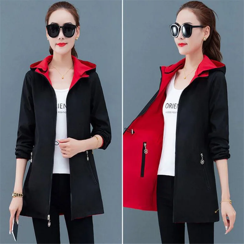 

Double-sided Hood Jacket Coats Women's loose Oversized Trench Coat Detachable hat Outwear Tunic Coat Feminine casual Windbreaker