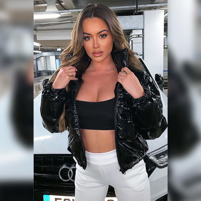 Fashion Cute Women Bright PU Pink Puffer Jacket Winter Warm Bubble Coats Shiny Leather Parkas Down Zipper Cropped Jackets Parkas