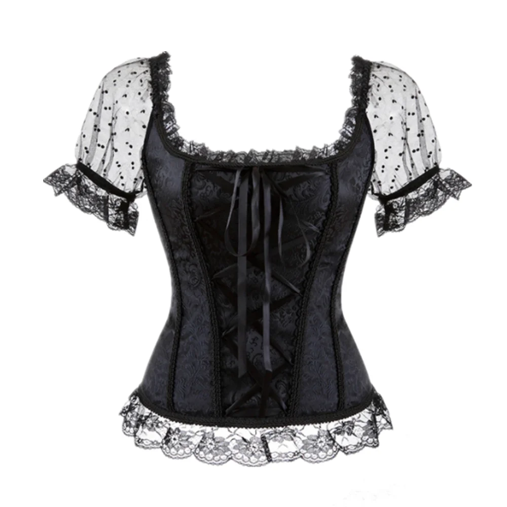 Kobiety seksowne koronkowe krótkie rękawy gorset Vintage gotycka bielizna urządzenie do modelowania sylwetki obcisły Top