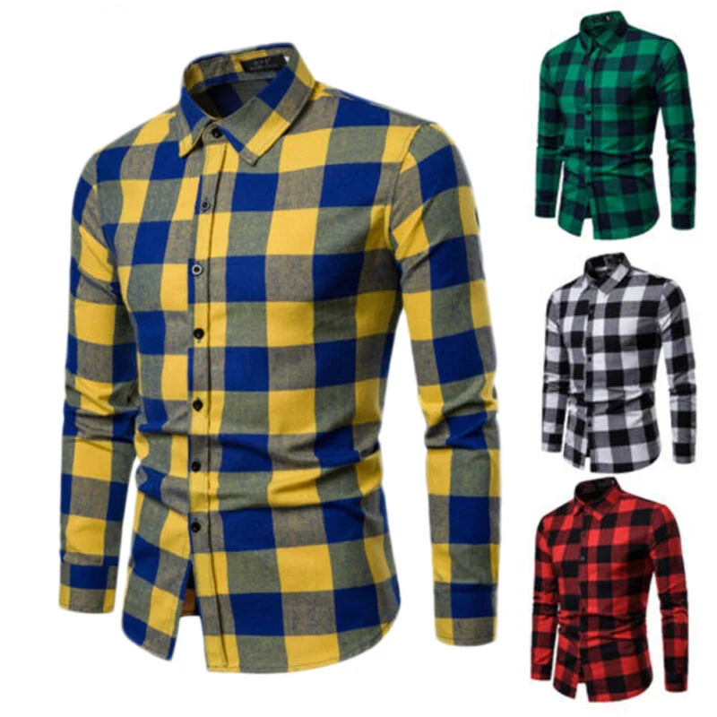 Men\'s Plaid Long Sleeve Shirts Business Dress Shirt Tops Slim Fit Formal Shirts