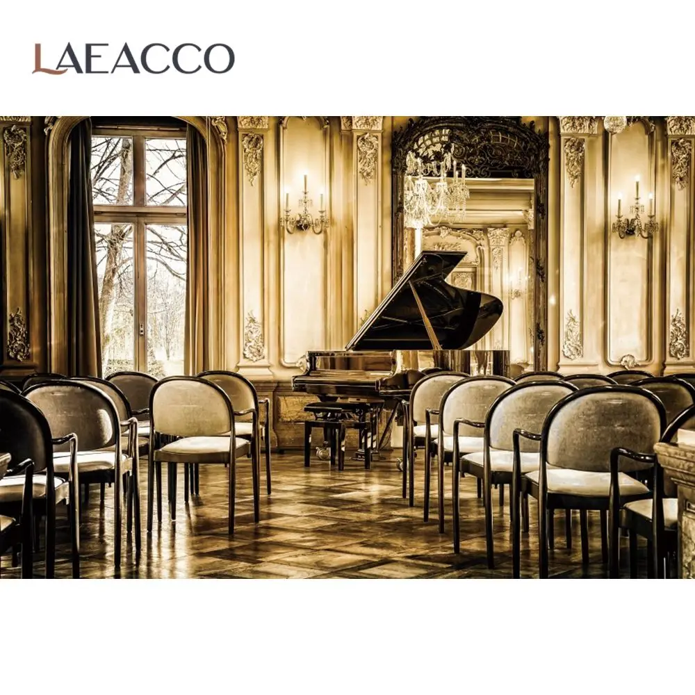 Laeacco Photo Backdrop Luxurious Hall Palace Chic Wall Music Party Piano Chair Child Shoot Photography Background Photo Studio