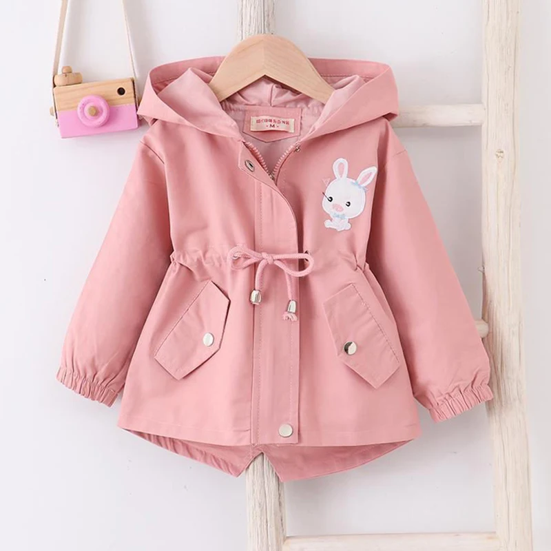 Autumn Casual Long Windbreaker Coat For Girls Cute Rabbit Baby Jacket Hooded Children's Outerwear 2-6 Years Toddler Girl Clothes