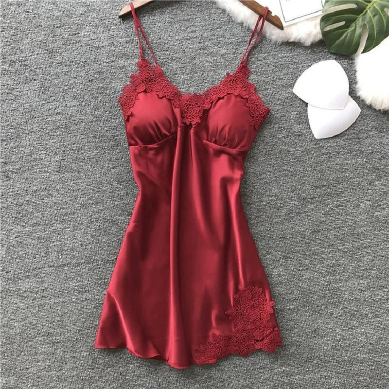 Women\'s Sexy Lingerie Silk Nightgown Summer Dress Lace Night Dress Sleepwear Babydoll Nightie Satin Homewear Chest Pad Nightwear