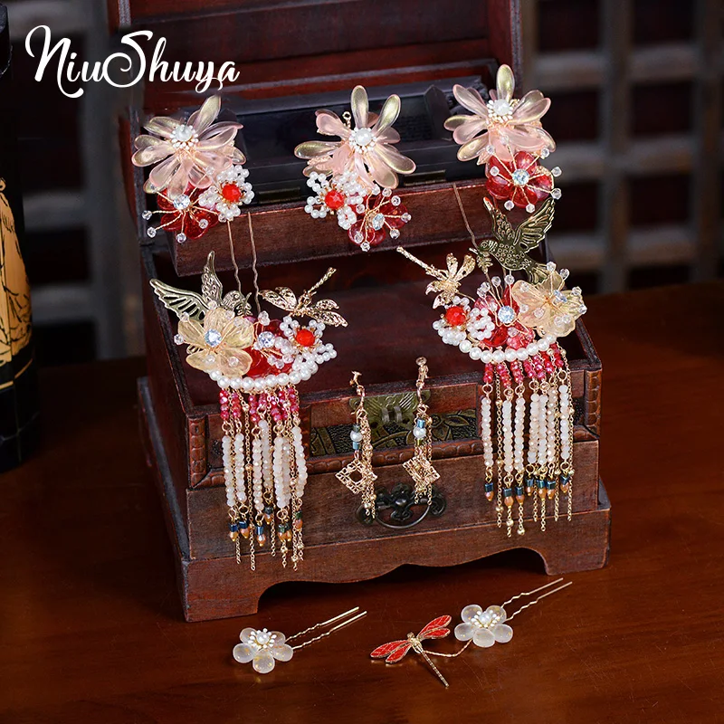 NiuShuya Ancient Chinese Style Bridal Wedding Women Girls Hanfu Dress Tassels Flower Hairpins Head Accessories