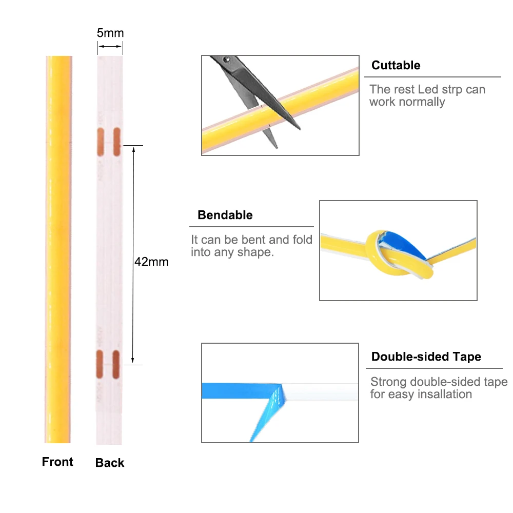 5Mm COB LED Strip 384LEDs/M Kepadatan Tinggi Fleksibel FOB DC12V/24V Bar Cahaya Hangat Dingin Putih 3000K 4000K 6000K untuk Dekorasi Pencahayaan