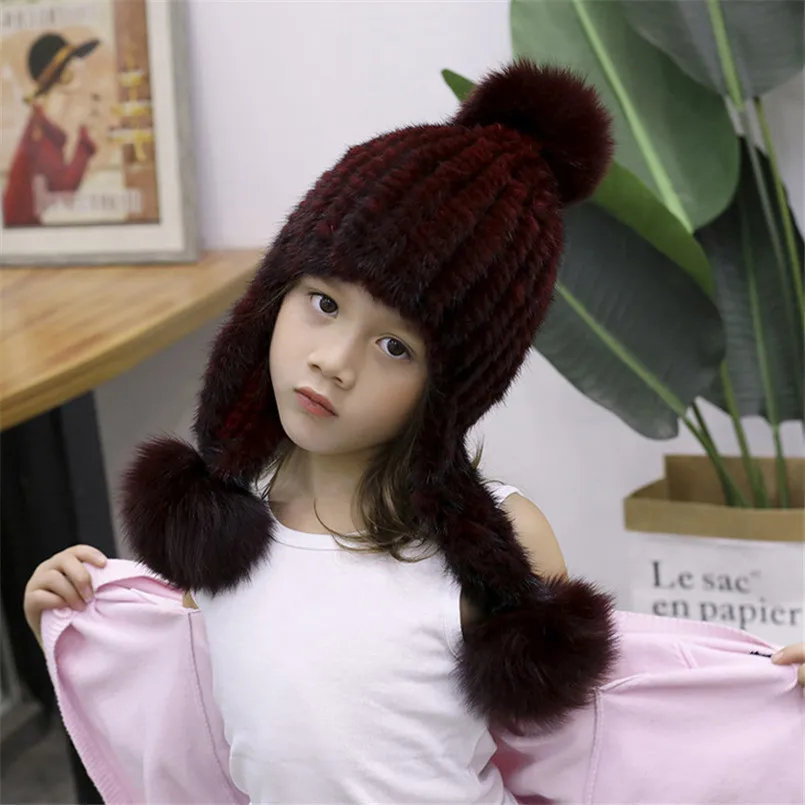 Natural Mink Fur Bomber hats Winter Warm Outdoor Fluffy  Earflap Caps Luxury Russian Boys and Girls Children R6