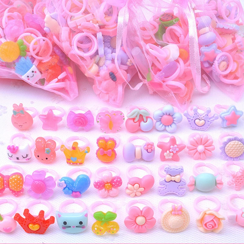 10pcs/lot Resin Cartoon Rings For Girls Dress Up Accessories Party Kids Toy Random Color Cute Kids Girl Gift 2019 New Wholesale