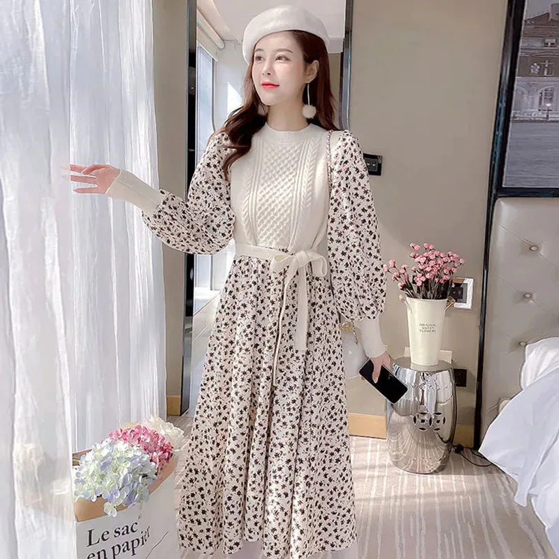 Autumn Sweater Dresses For Women Splicing Pullover Bandage Slim Knitting Dress Winter Sweet Corduroy Floral Print Dress Vestidos