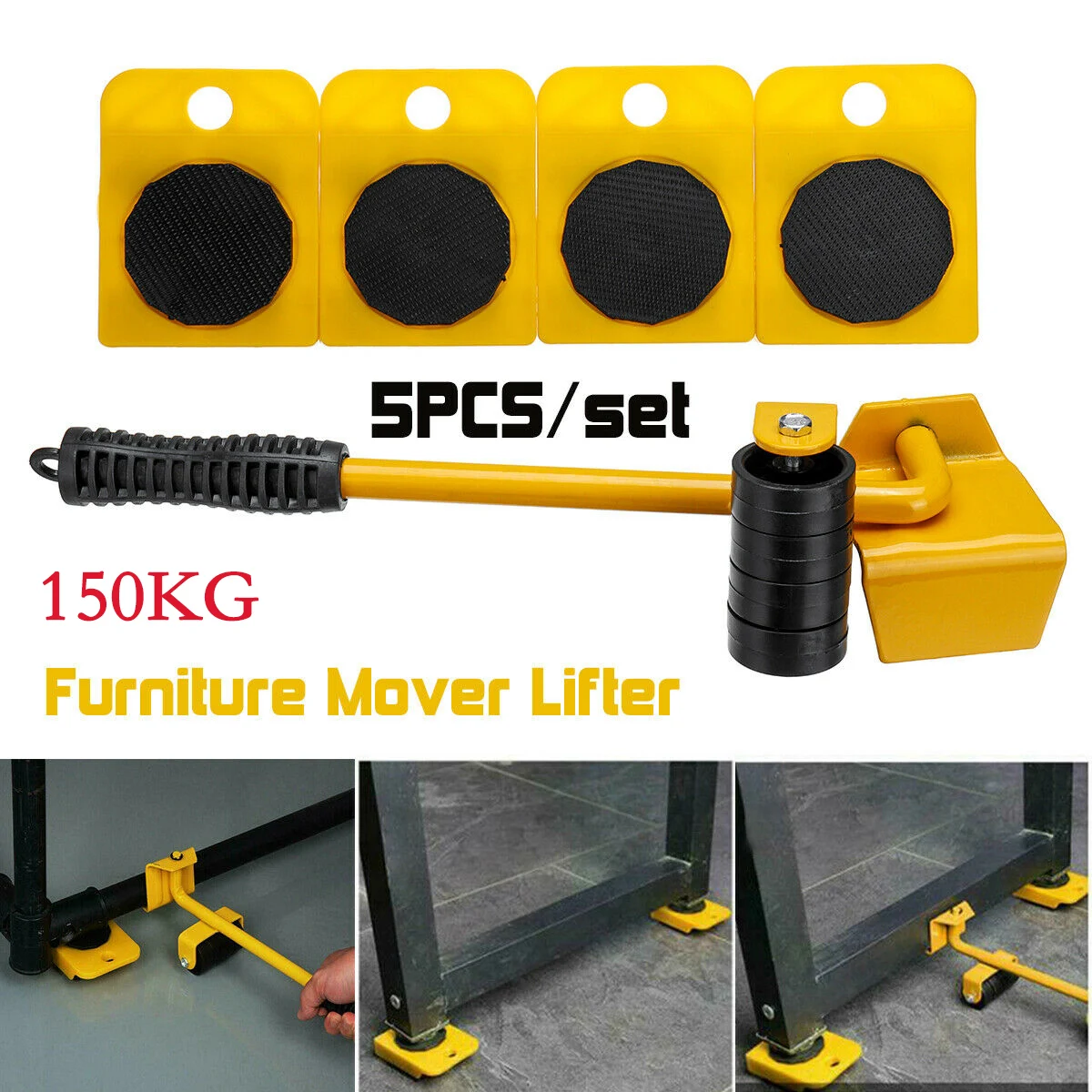 5Pcs Furniture Lifter Sliders Tool Kit Transport Heavy Stuffs Shifter Moving Roller Hand Set Wheel Bar Mover Device Max Up 150KG