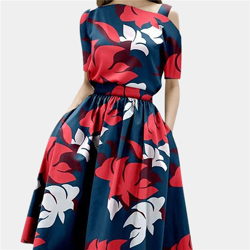 Women 2021 Summer Fashion Slash Neck Dew  Short Sleeve Flower Printed  Waisted Slim Draped A Line Office Party Knee Lenght Dress