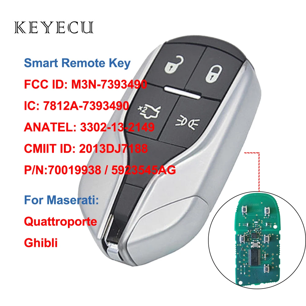 

M3N-7393490 Smart Remote Car Key Replacement for Maserati Quattroporte Ghibli 2014 2015 2016 4 Buttons 433MHz ID46 Chip