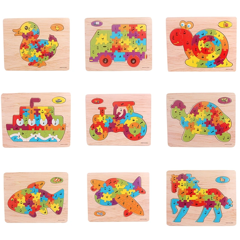 Wood Puzzle Toy Arabic Alphabet Cartoon Animals Traffic Arab Jigsaw Puzzles Toys for Children Early Educational Preschool Gift