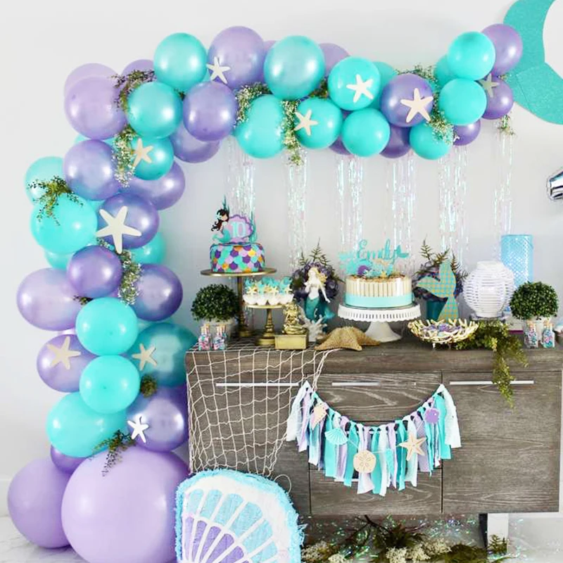 Mermaid Theme Party Girls Birthday Party Decoration Banner Balloons Happy Birthday Garland Mermaid Tail Shell Baby Shower Decor