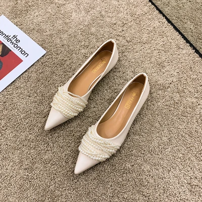 Women\'s Shoes Pumps Spring 2021 New Fashion Soft Sole Pure Color Beaded Decorative Low Heels