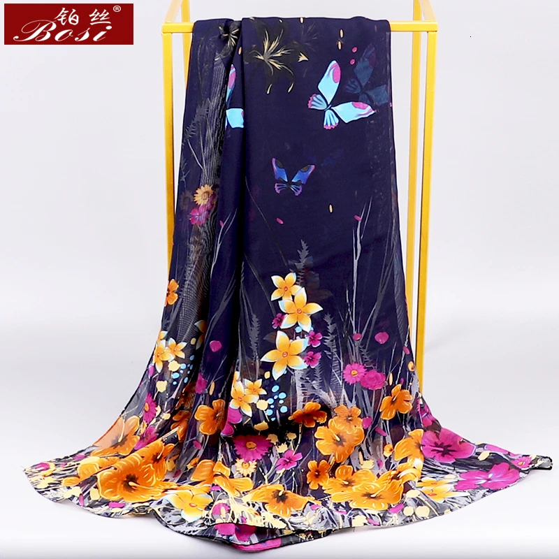 BOSI Chiffon Scarf  Woman Satin Long Scarves Flower Print Plaid butterfly Beach Luxury Brand ladies Hijab Head Stoles Spring