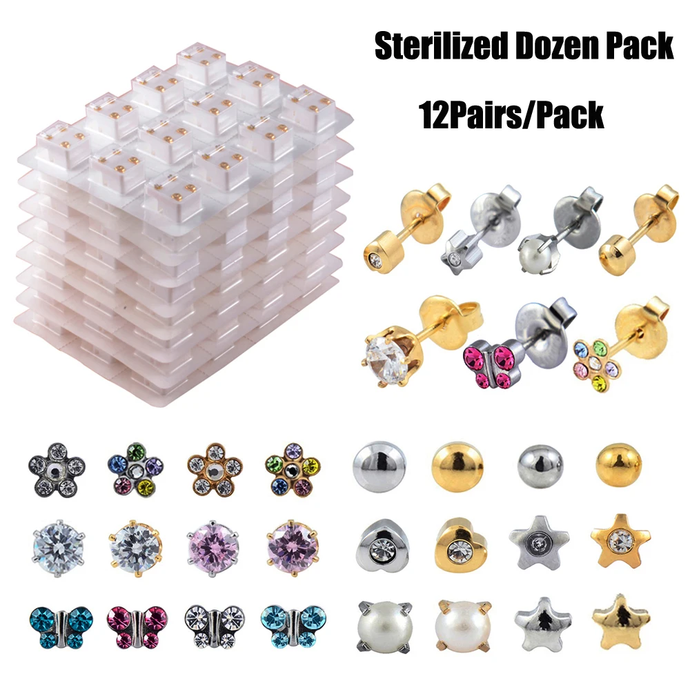 12pairs Sterilized Dozen Pack Gold & Silver Color Ear Cartilage Tragus Piercing Stud Earring Mixed Colors Shape Star Heart Pearl