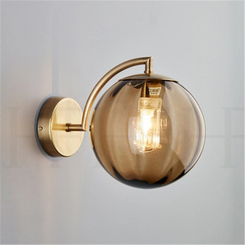 

Modern Nordic LED Wall Light LED G9 Amber Glass Ball Bedroom Sconce Gold Iron Loft Decor Wall Lamps Applique Murale Luminaire