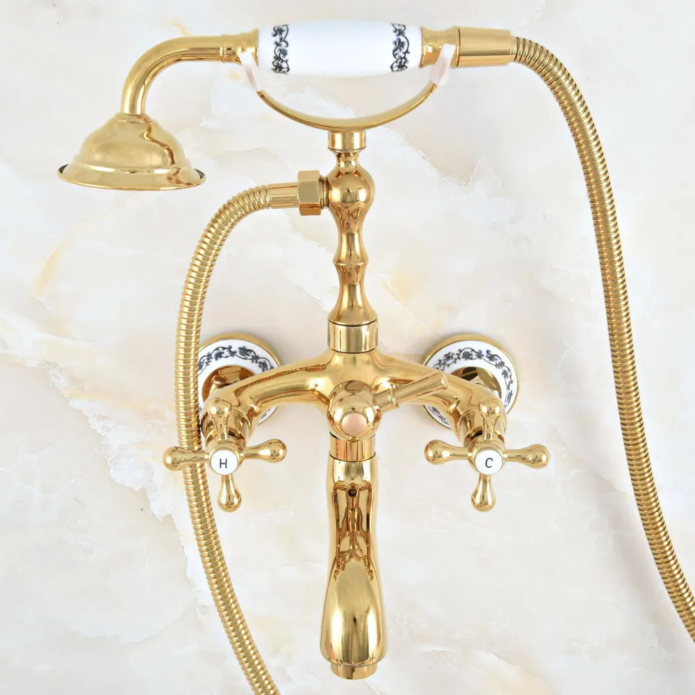 Luxury Polished Gold Color Brass Bathroom Wall Mounted Clawfoot Tub Faucet Taps Set With Hand Held Shower Head Spray mna805