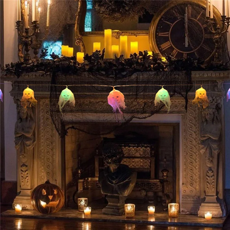 PheiLa-Cadena de luces de calavera de gasa para fiestas de Halloween, luces colgantes de fantasma de terror, decoración para sala de estar al aire libre