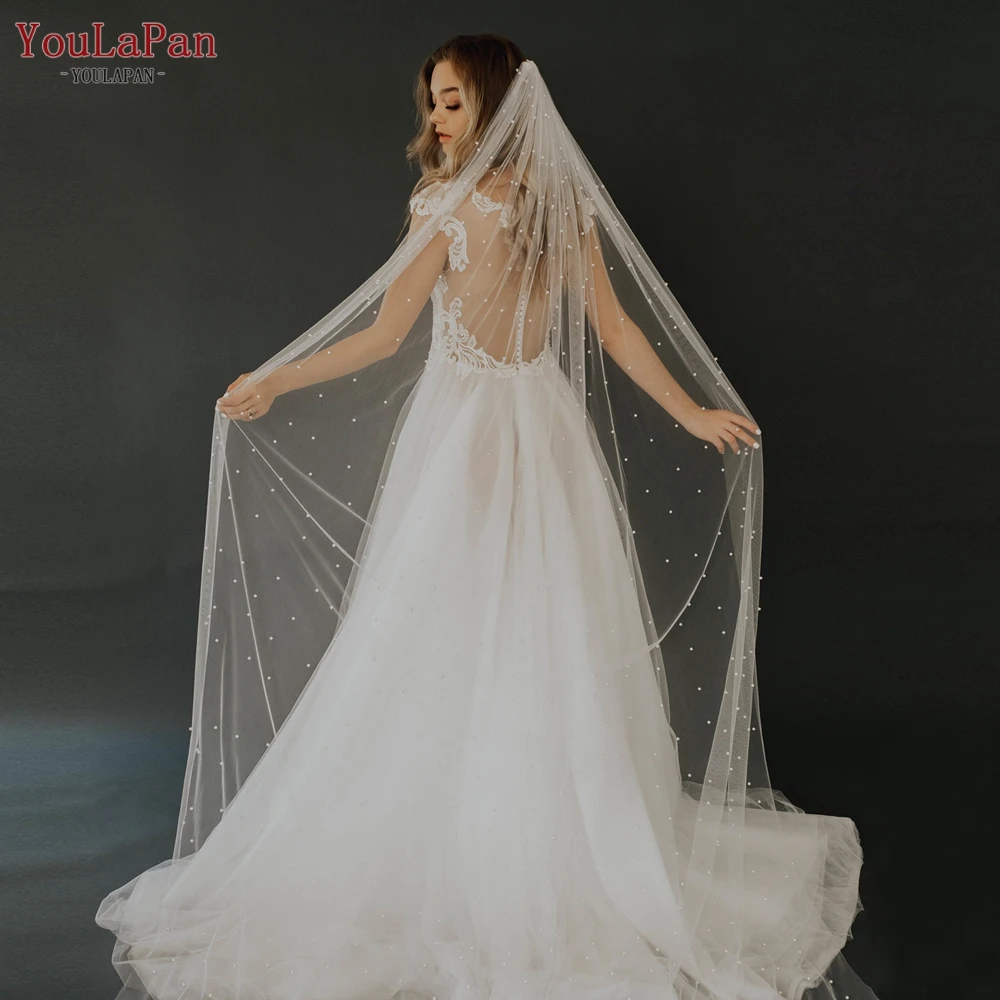 YouLaPan V05 Luxury Bridal Tulle Bridal Veil Pearl Wedding Veil with Hair Comb 1 Tier Long Wedding Veil Cathedral Wedding Veil