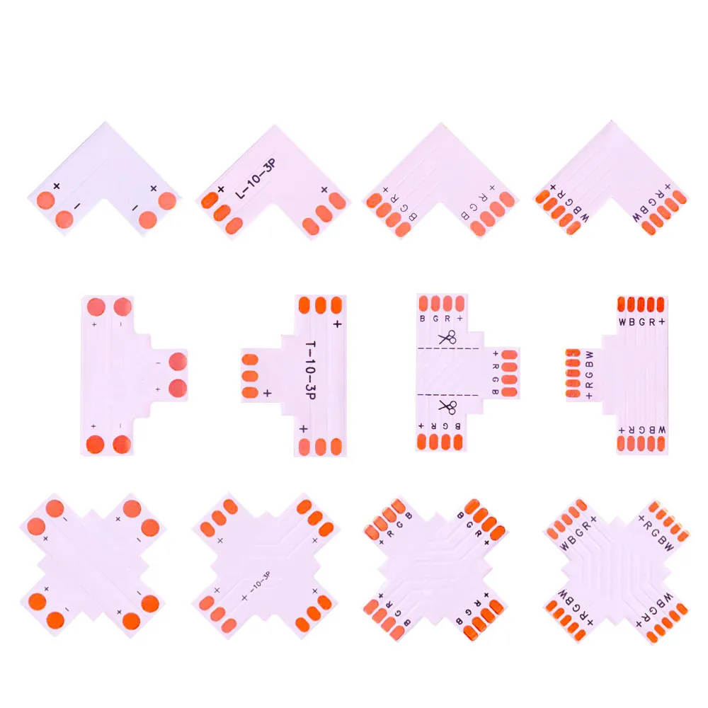 Led Strip Light Connector 2/3/4/5PIN Corner 10mm T/L/X Shape Free Soldering Connector Easy Use For WS2811 WS2812B 3528 5050 5630